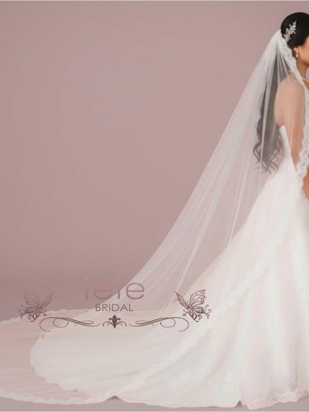 Bridal Long Lace Edge Wedding Veil in ivory  - Cathedral length
